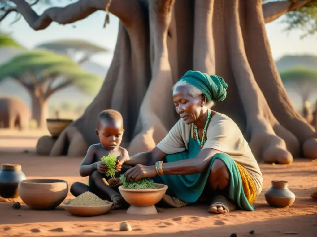 Una anciana africana prepara hierbas bajo un baobab, enseñando a niños la medicina tradicional africana espiritual material