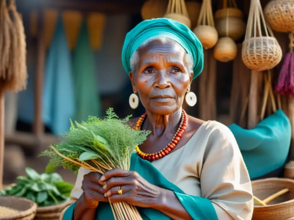 Una anciana africana con hierbas curativas en mano, reflejando la fusión de la medicina moderna y tradicional en África