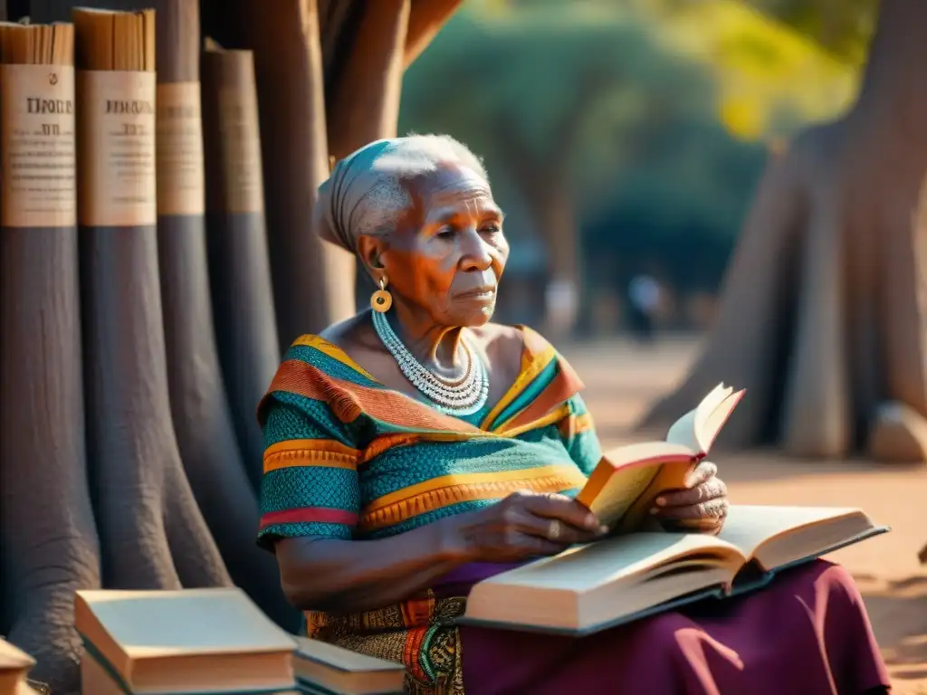 Anciana africana leyendo 'Historias Ancestrales' bajo un baobab rodeada de libros antiguos en varios idiomas africanos