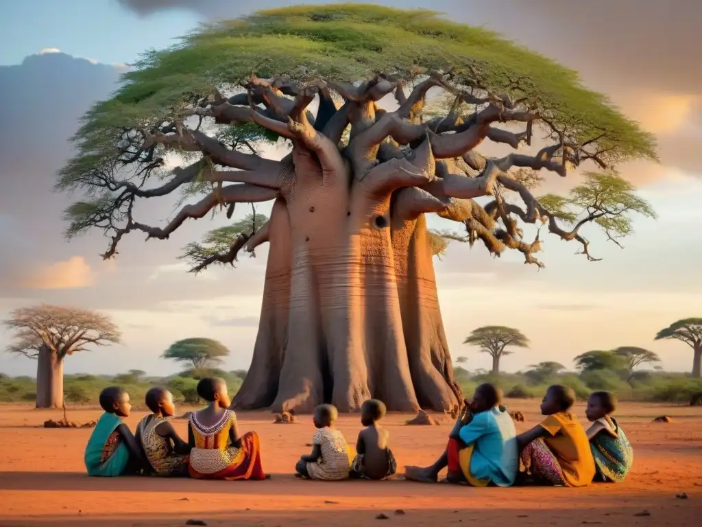 Una anciana africana cuenta historias bajo un baobab, rodeada de niños atentos al atardecer