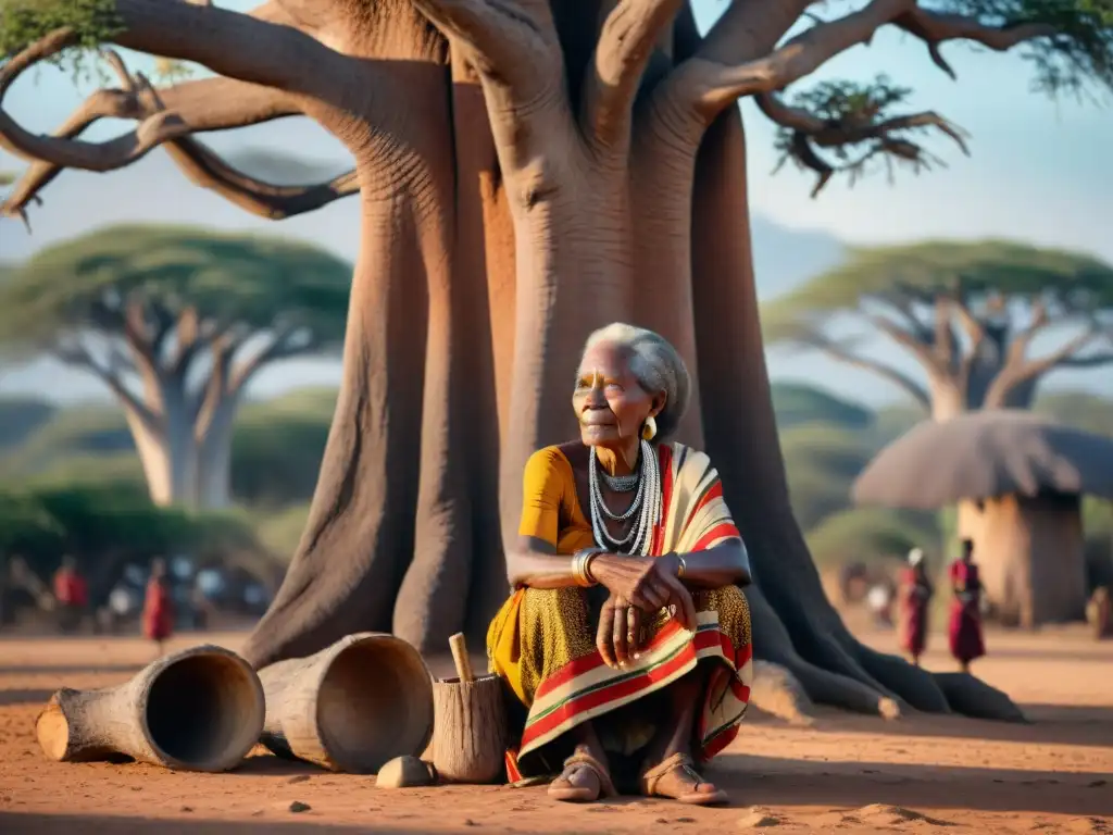 Una anciana africana comparte historias bajo un baobab con niños