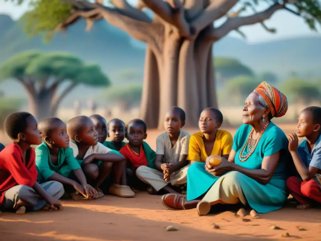 Anciana africana cuenta historias en lenguas africanas en peligro bajo baobab con niños atentos