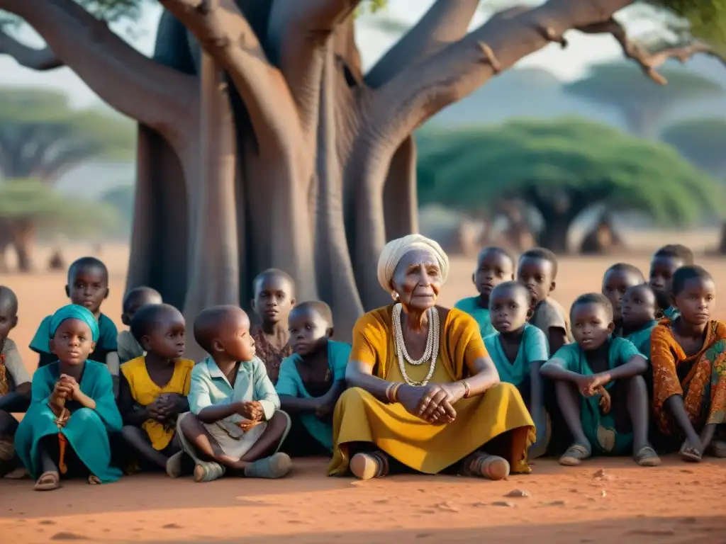 Una anciana africana cuenta historias a niños bajo un baobab al atardecer, transmitiendo sabiduría y tradición