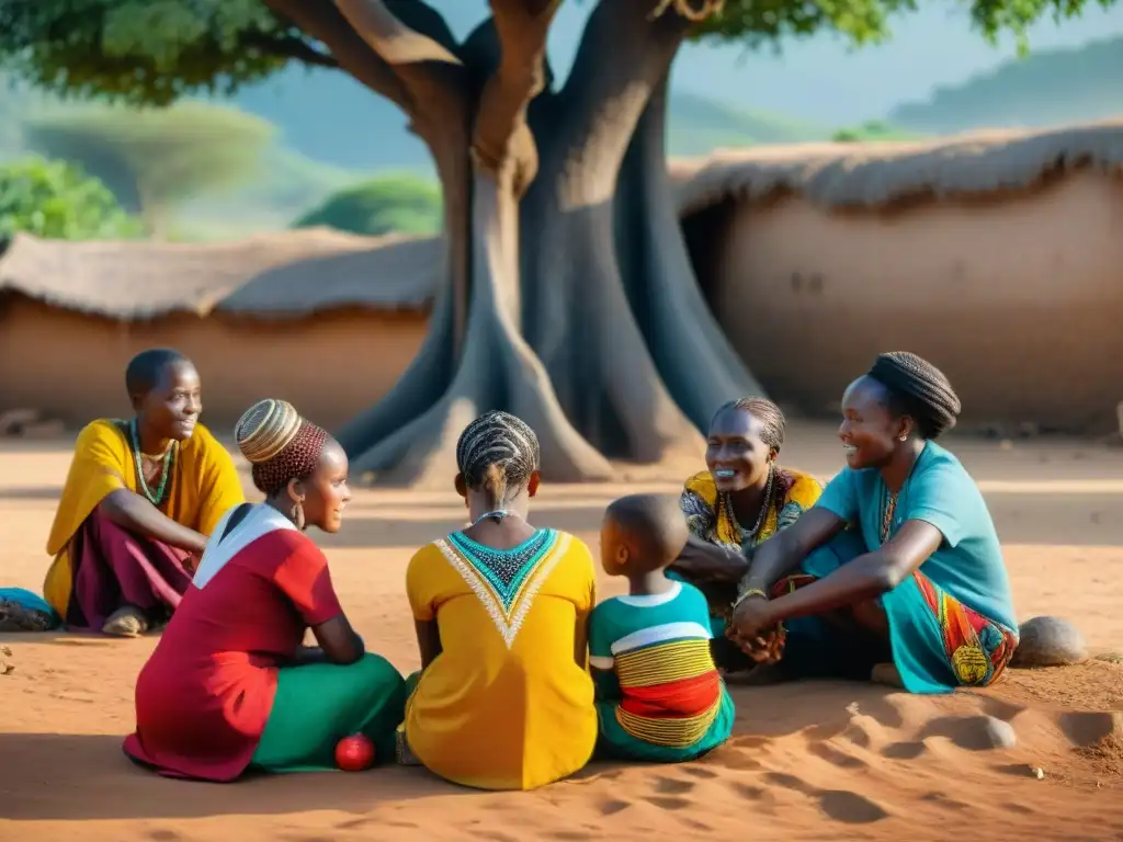 Una anciana africana narra historias a niños bajo un árbol, rodeados de arte y creatividad