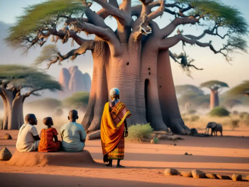 Anciana africana comparte historias bajo baobab