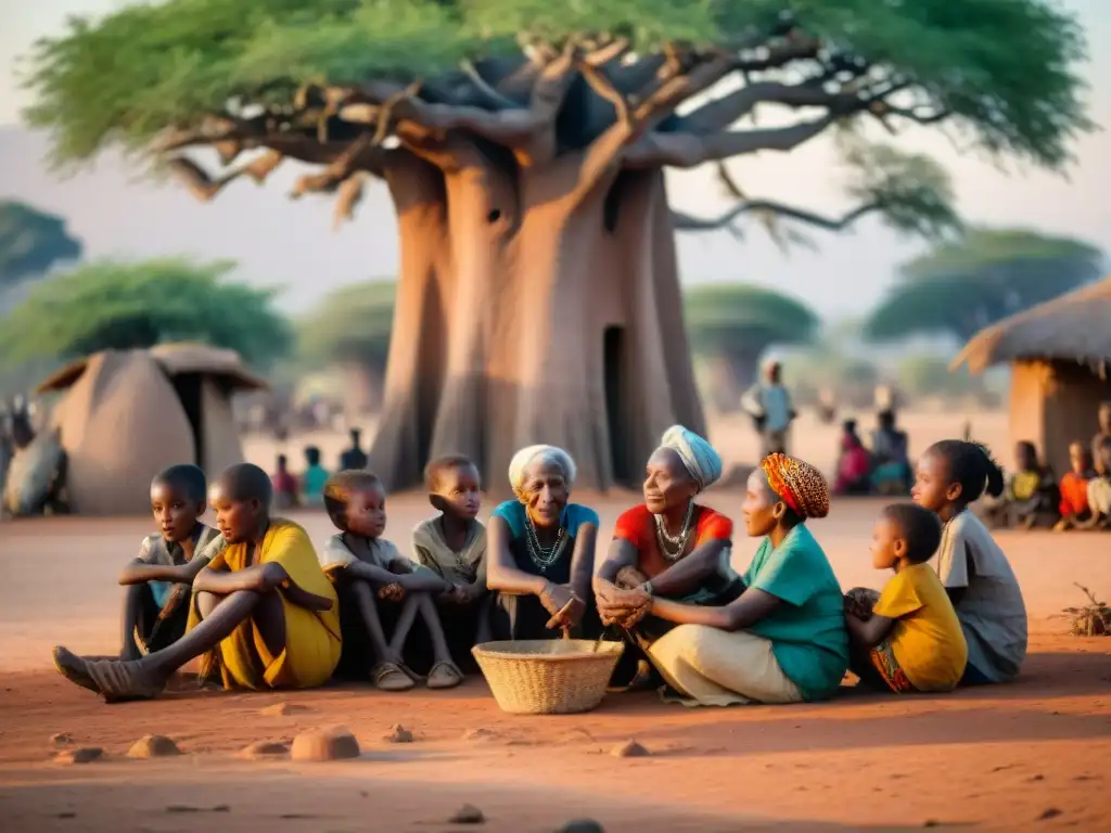 Una anciana africana con marcas faciales tradicionales cuenta una historia a niños en aldea africana al atardecer