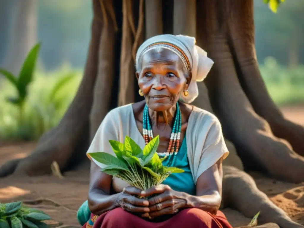 Anciana africana en la naturaleza con hierbas