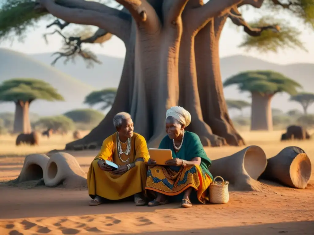 Una anciana africana y un niño junto a un árbol baobab, mostrando la importancia de preservar lenguas africanas minoritarias con una app de idiomas