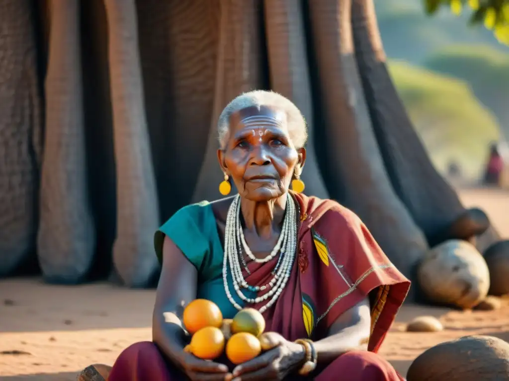 Anciana africana con patrones de escarificaciones, prendas tradicionales, bajo baobab