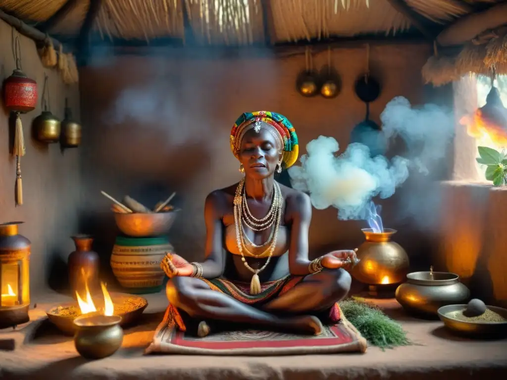 Una anciana africana con pintura facial y vestimenta tradicional colorida realiza un ritual de sanación espiritual en África en un ambiente místico con incienso y hierbas