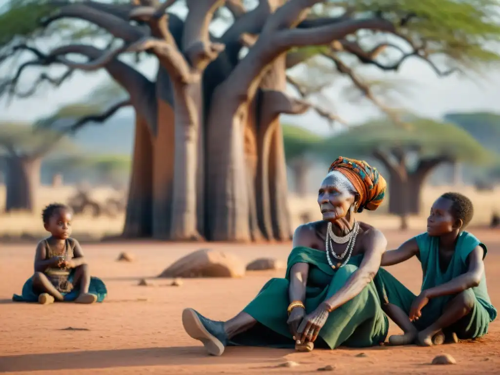 Una anciana africana con pintura facial detallada cuenta historias bajo un baobab, rodeada de niños atentos