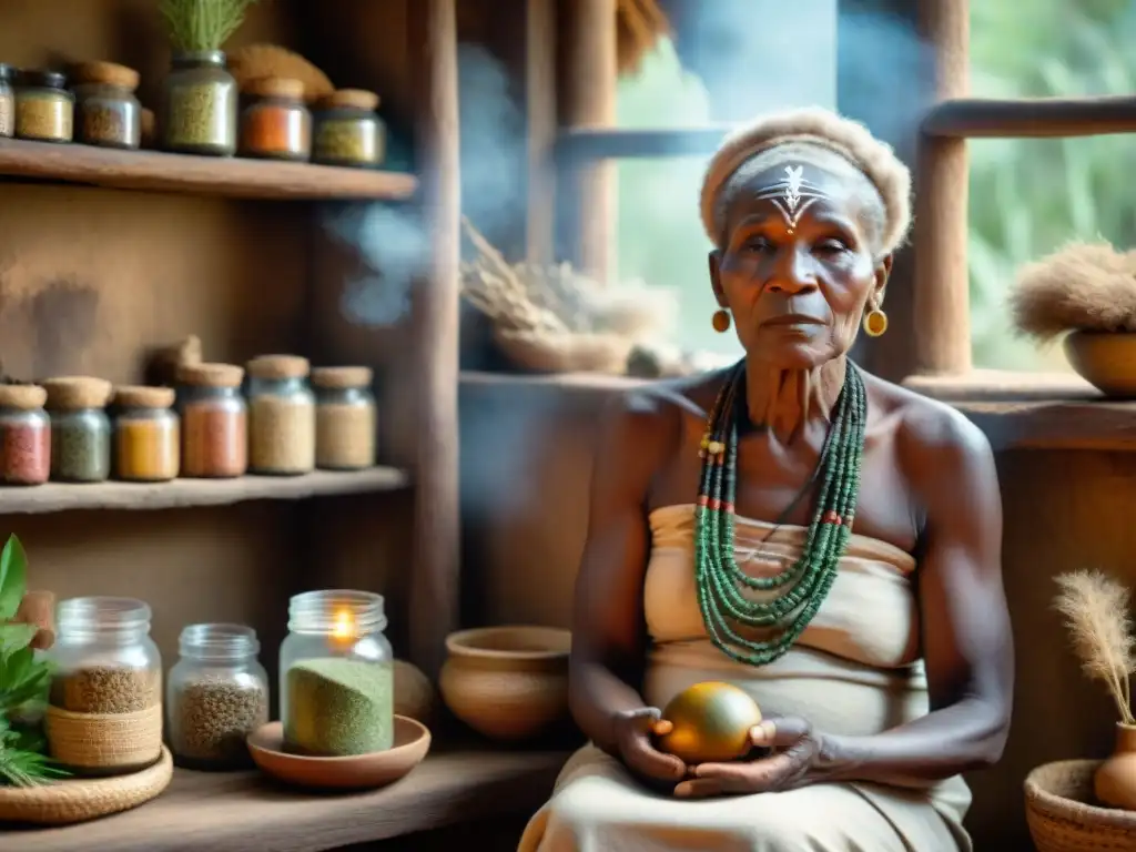 Una anciana africana con pintura facial tribal y atuendo tradicional en una choza llena de hierbas y herramientas curativas