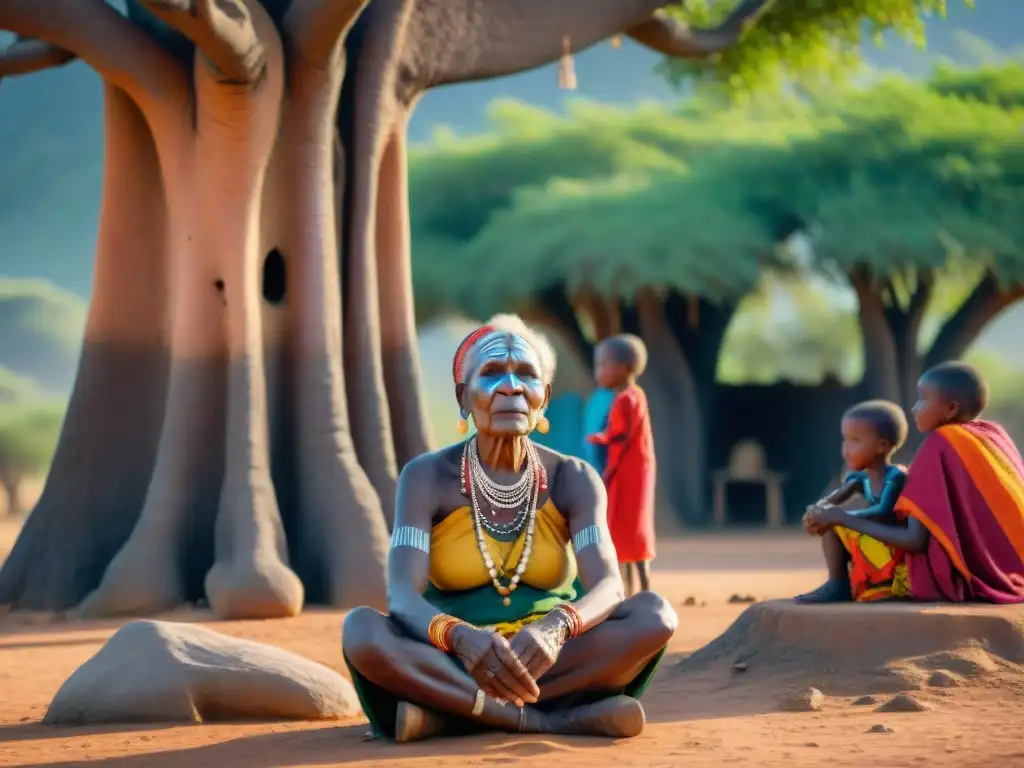 Una anciana africana con pinturas faciales tradicionales y cuentos bajo un baobab, enseñando educación bilingüe en África a niños del pueblo