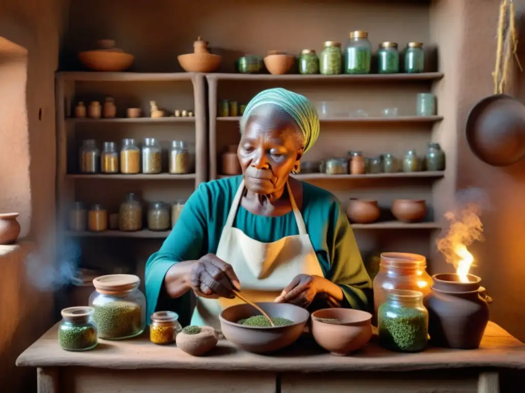 Anciana africana preparando remedio herbal en cocina rústica iluminada, reflejando sabiduría ancestral