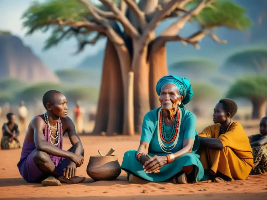 Una anciana africana transmite sabiduría en un ritual bajo un baobab