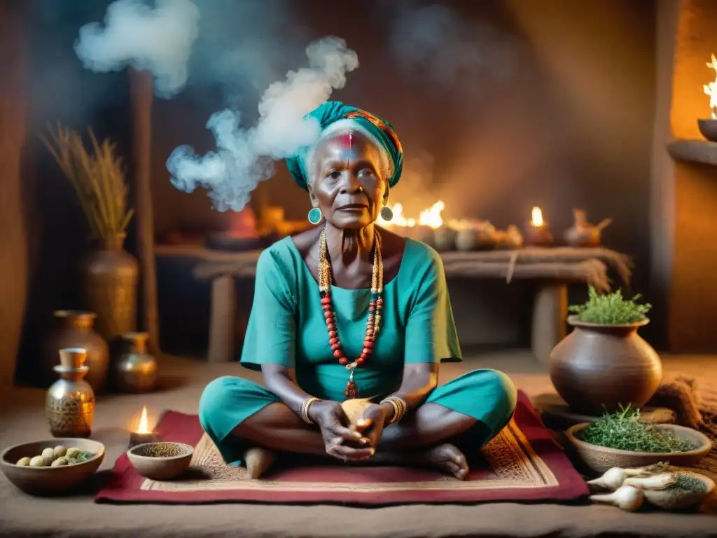 Anciana africana realiza ritual de sanación con prácticas médicas tradicionales diáspora africana