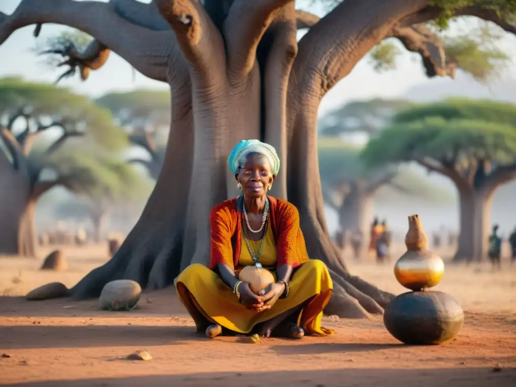 Una anciana africana realiza rituales de vejez bajo un baobab, con calabaza en mano