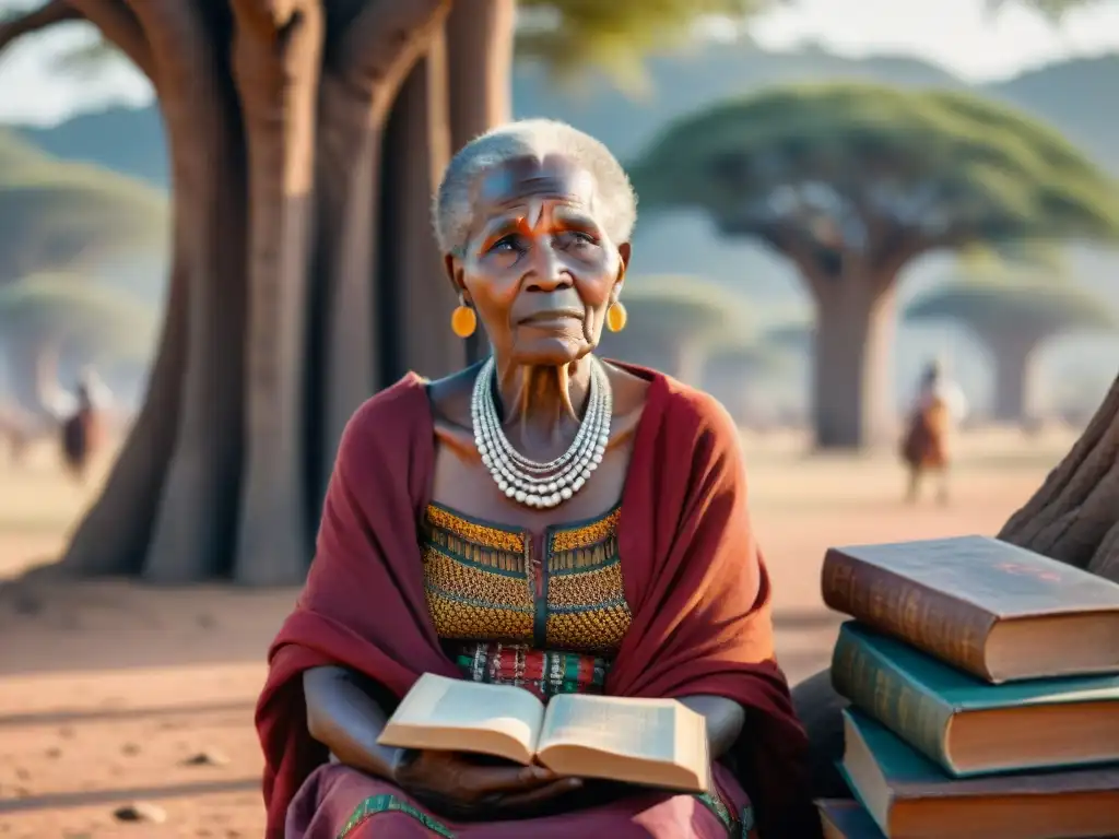 Sabiduría ancestral entre libros africanos y baobabs Anciana africana con ropa tradicional, bajo un baobab entre libros en lenguas africanas