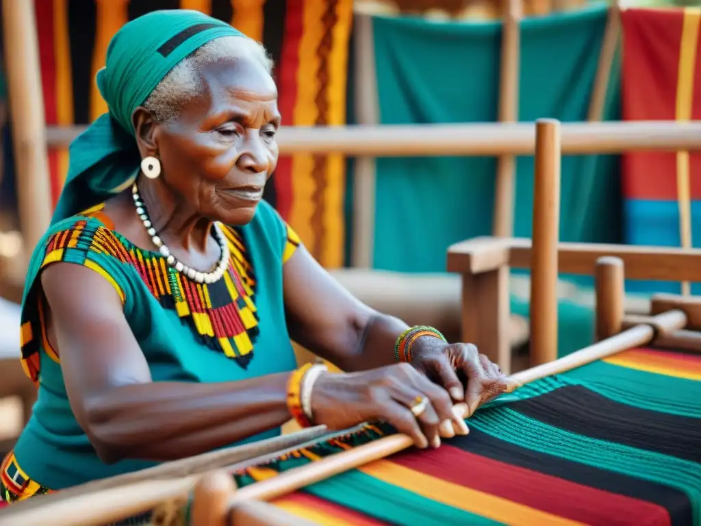 Una anciana africana tejiendo símbolos Adinkra en un telar, en un mercado ghanés vibrante