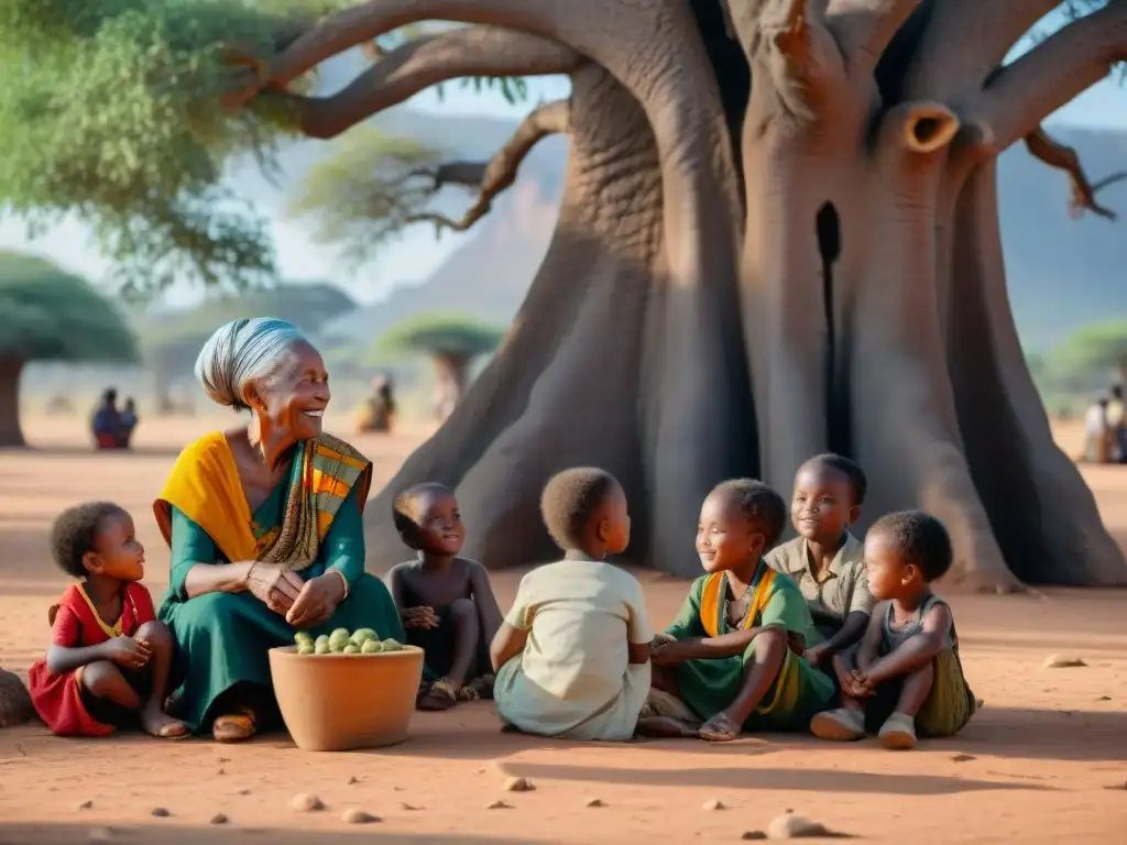 Una anciana africana sonriente bajo un baobab, enseñando a niños sobre prácticas de salud mental en civilizaciones africanas