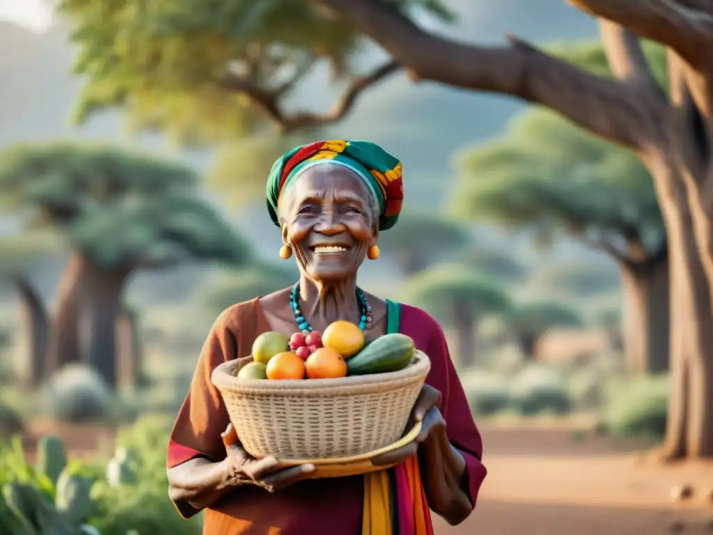 Una anciana africana sonriente con ropa tradicional rodeada de la naturaleza y niños jugando, destacando la dieta africana tradicional saludable