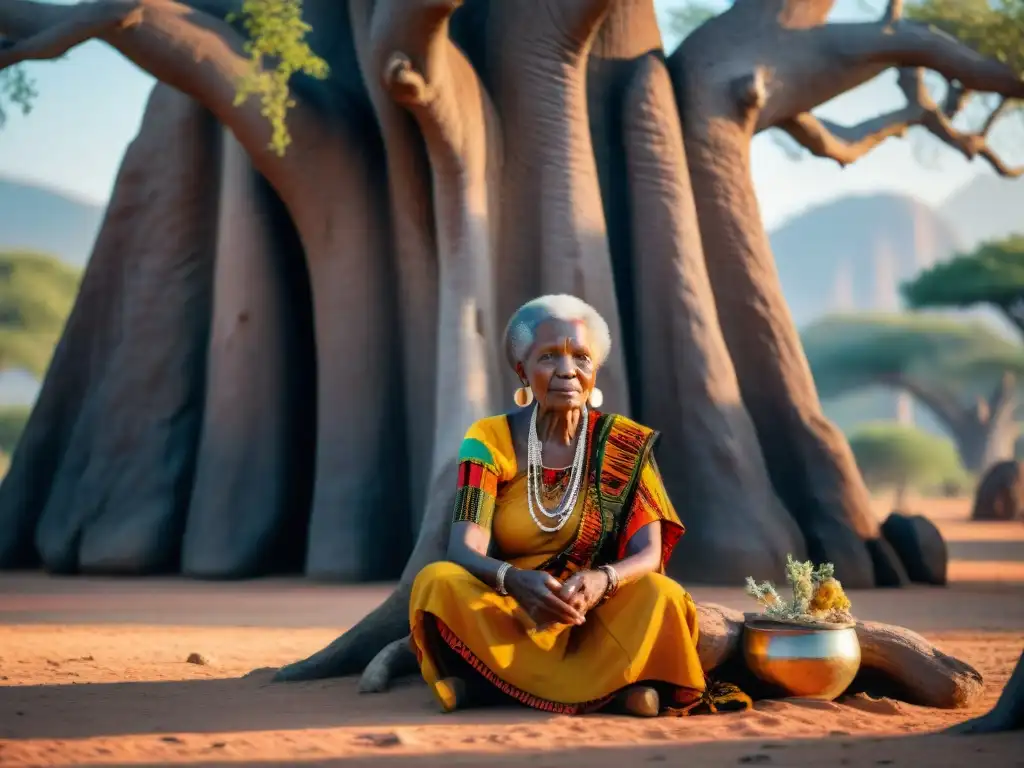 Una anciana africana, vistiendo traje tradicional, prepara remedio herbal bajo baobab