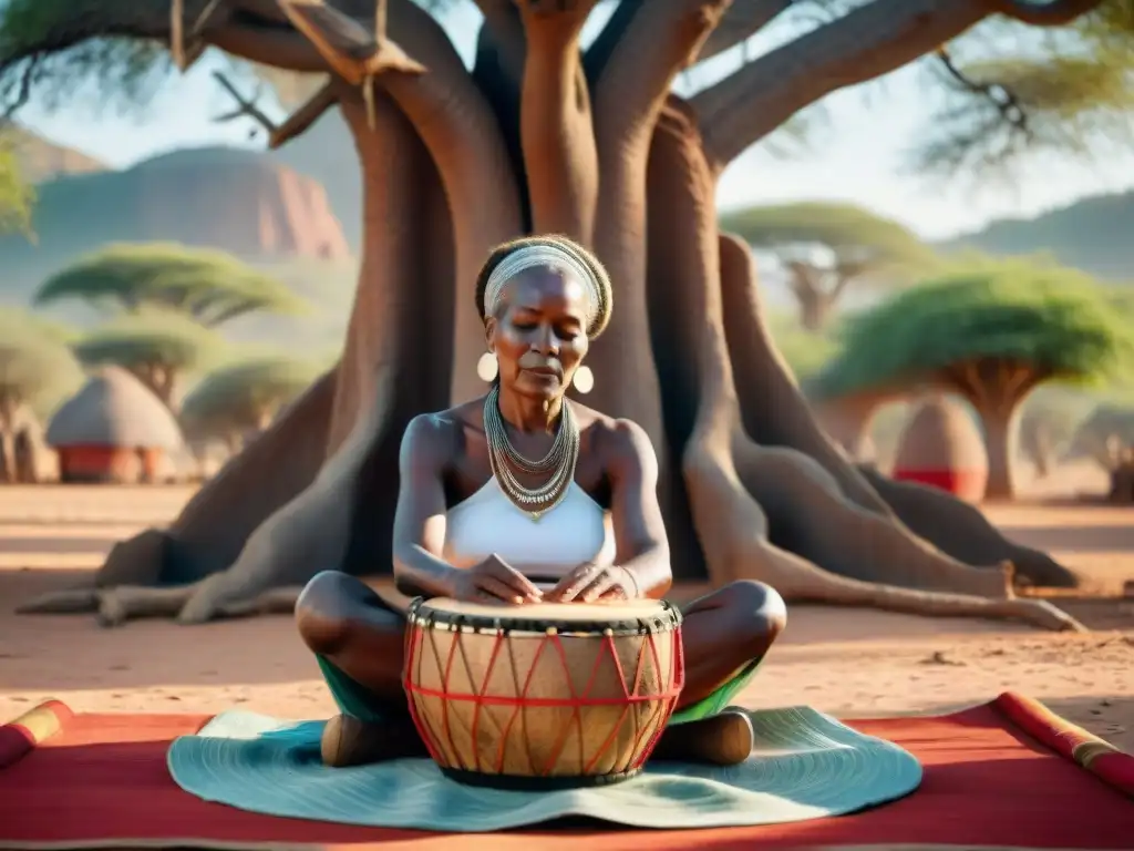 Una anciana africana con trenzas complejas se sienta cruzando las piernas en una estera roja bajo la sombra de un árbol baobab