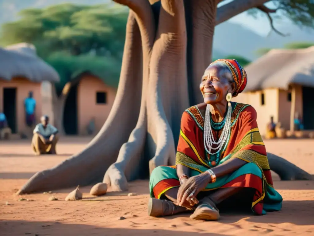 Una anciana africana, con vestimenta tradicional y cuentas, bajo un baobab