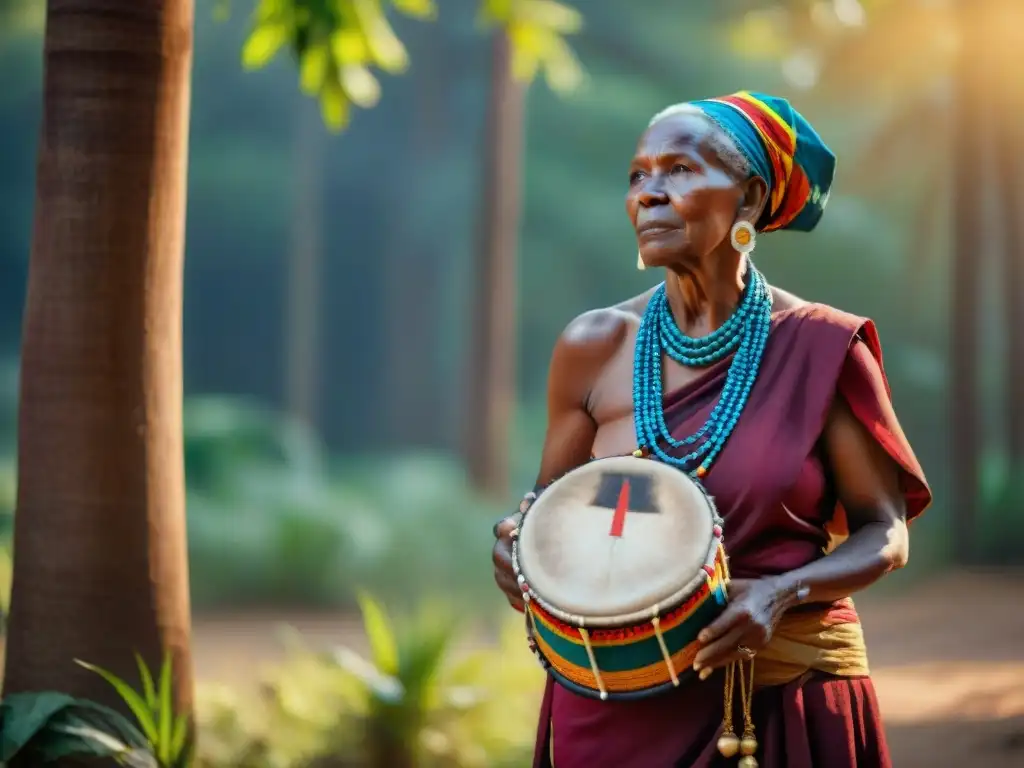 Anciana africana en vestimenta tradicional con un tambor, reflejando fuerza y conexión espiritual