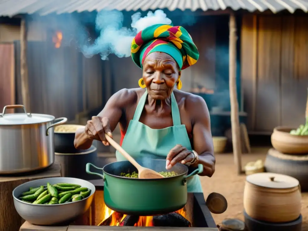 Una anciana afroamericana remueve una olla con ingredientes africanos en una cocina rústica al aire libre, representando la cocina afrodescendiente influencia global