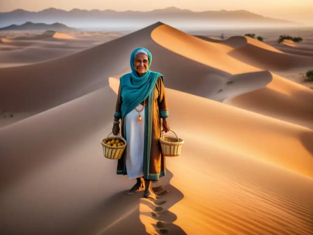 Una anciana bereber en el desierto del Sáhara, rodeada de niños con cestas de dátiles