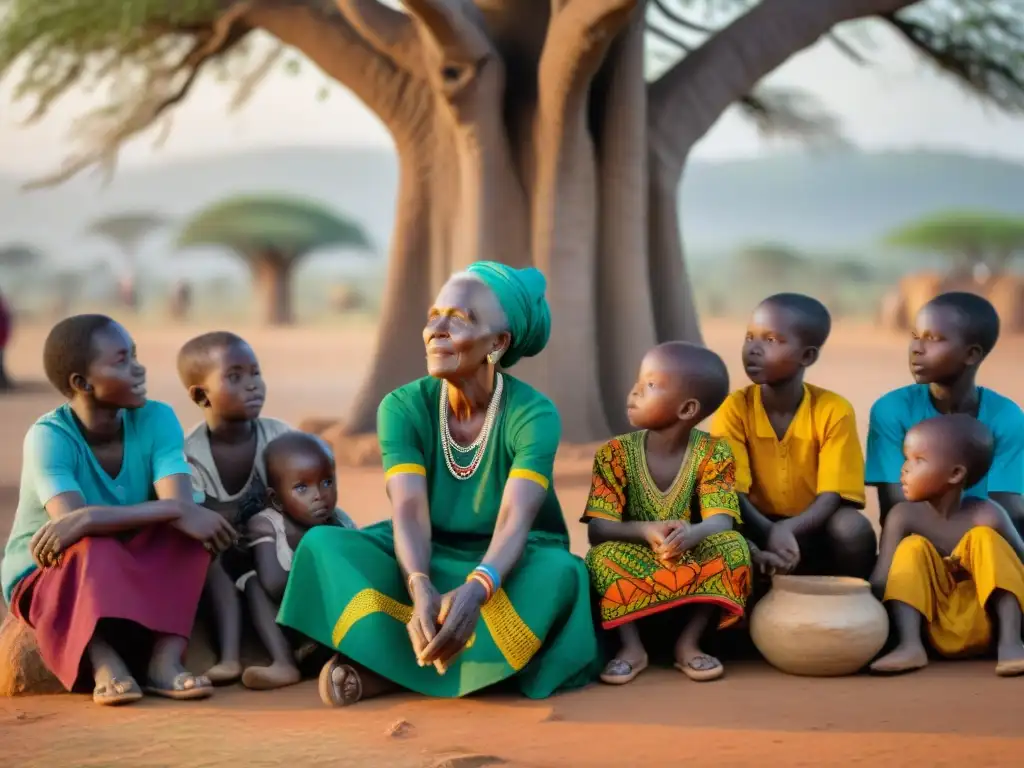 Anciana Ewe cuenta historias bajo baobab en Togo, rodeada de niños fascinados