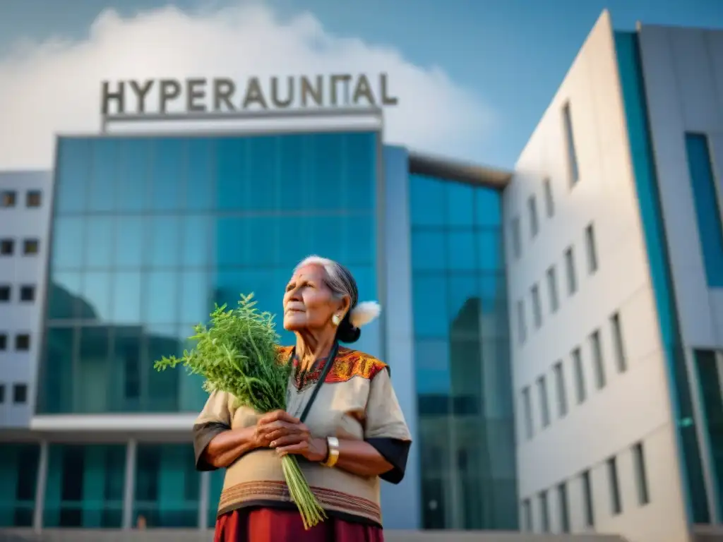 Anciana indígena con hierbas aromáticas frente a hospital moderno, integrando prácticas de salud tradicionales