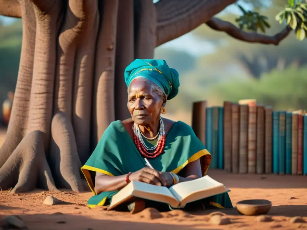 Una anciana con marcas faciales, vestida con atuendo africano, bajo un baobab rodeada de libros en lenguas africanas