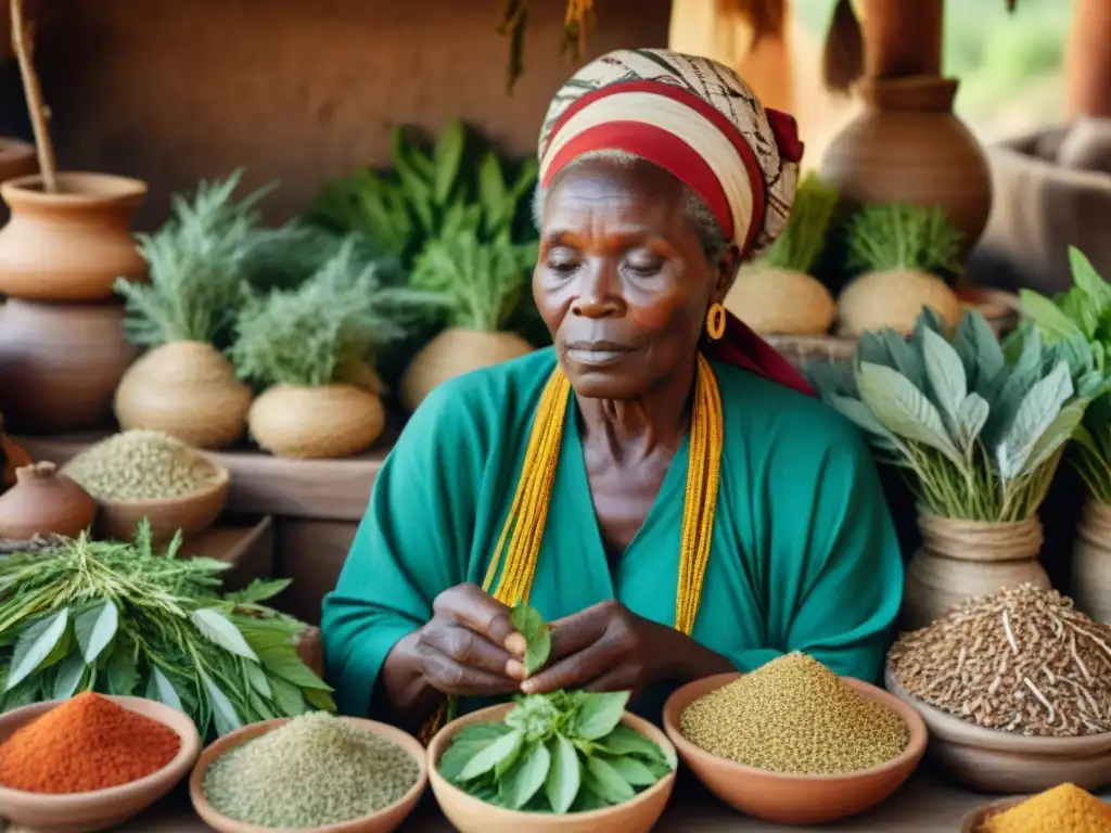 Anciana sanadora africana seleccionando hierbas en mercado vibrante