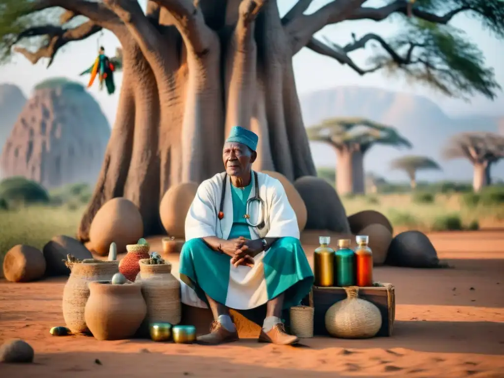 Una anciana sanadora africana conversa con un joven doctor bajo un baobab, rodeados de hierbas y herramientas tradicionales, en una aldea africana