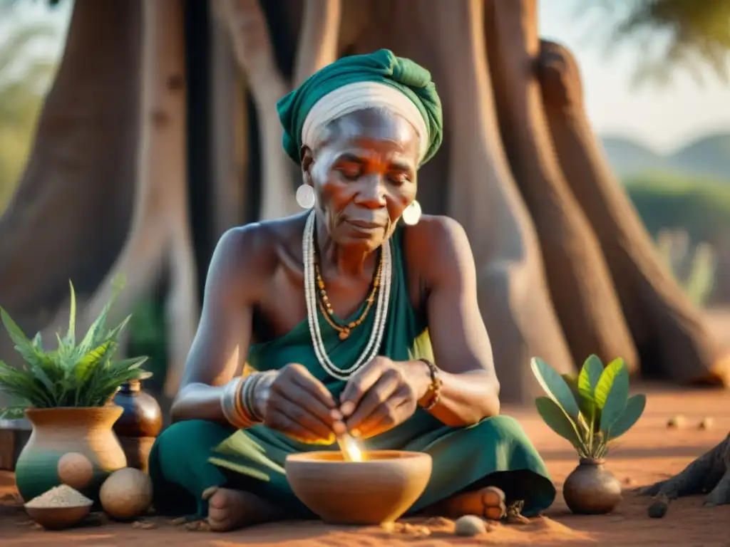 Una anciana sanadora africana elabora una poción bajo un baobab, transmitiendo la medicina tradicional africana siglo XXI