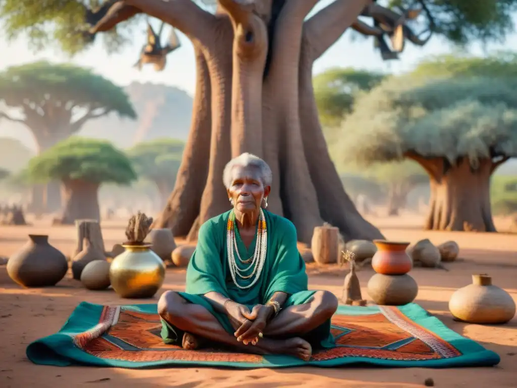 Una anciana sanadora africana realiza una sesión de sanación espiritual bajo un baobab, rodeada de hierbas y huesos