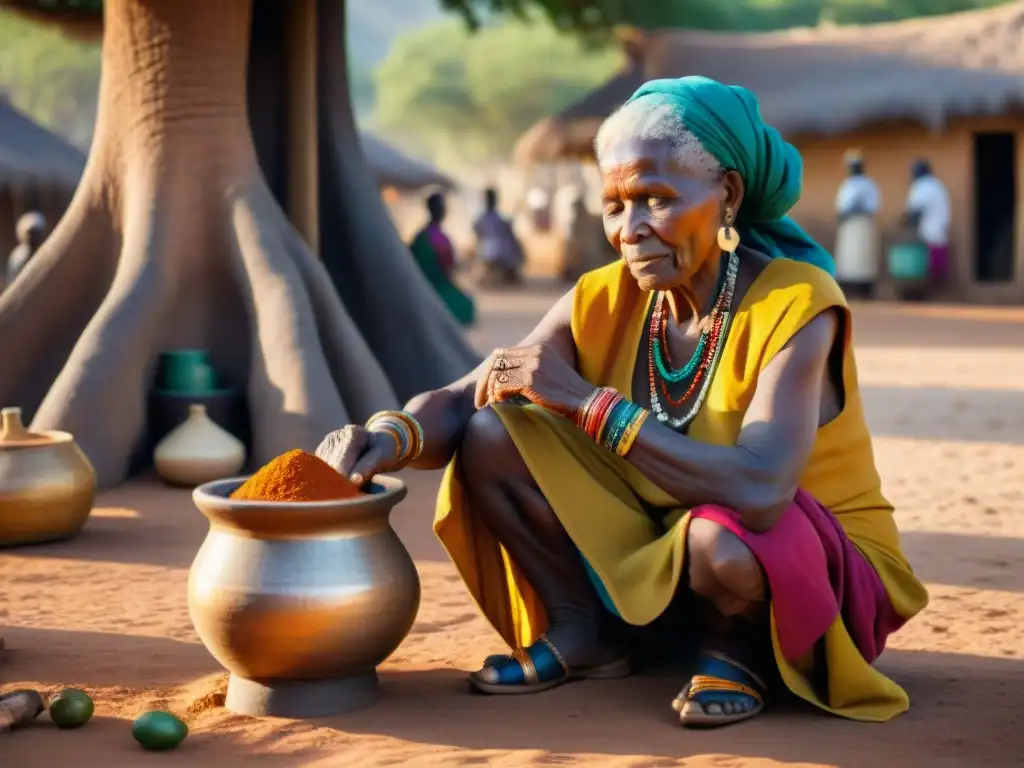 Una anciana con tatuajes faciales, viste atuendo africano, muele especias bajo un baobab en el Cuerno de África