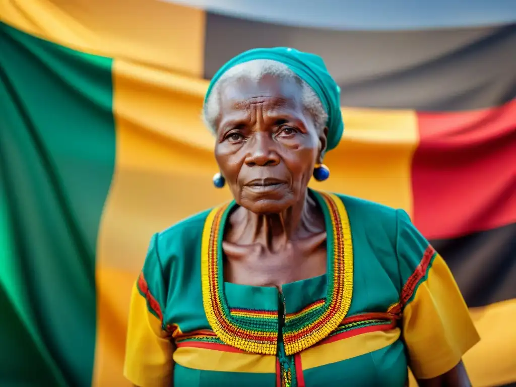 Anciana togolesa frente a la bandera nacional, reflejando la lucha por la independencia y la identidad de Togo