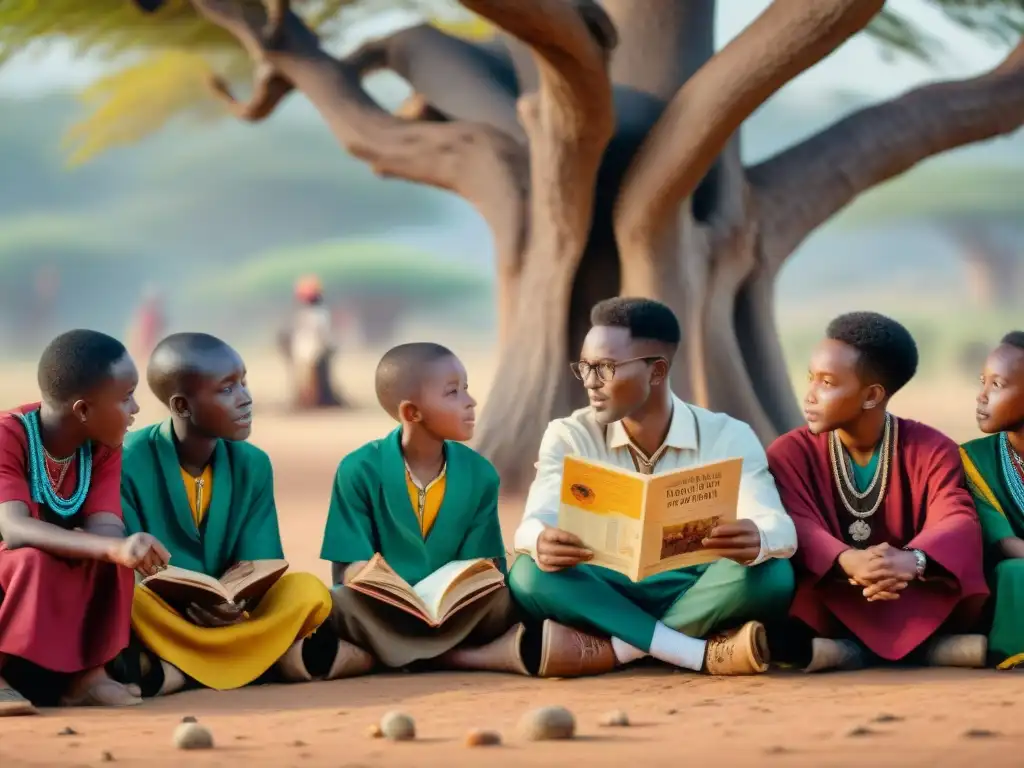 Narración ancestral: niños africanos aprenden bajo árbol sagrado Un anciano africano lidera una animada sesión educativa bajo un árbol con niños fascinados, rodeados de materiales coloridos