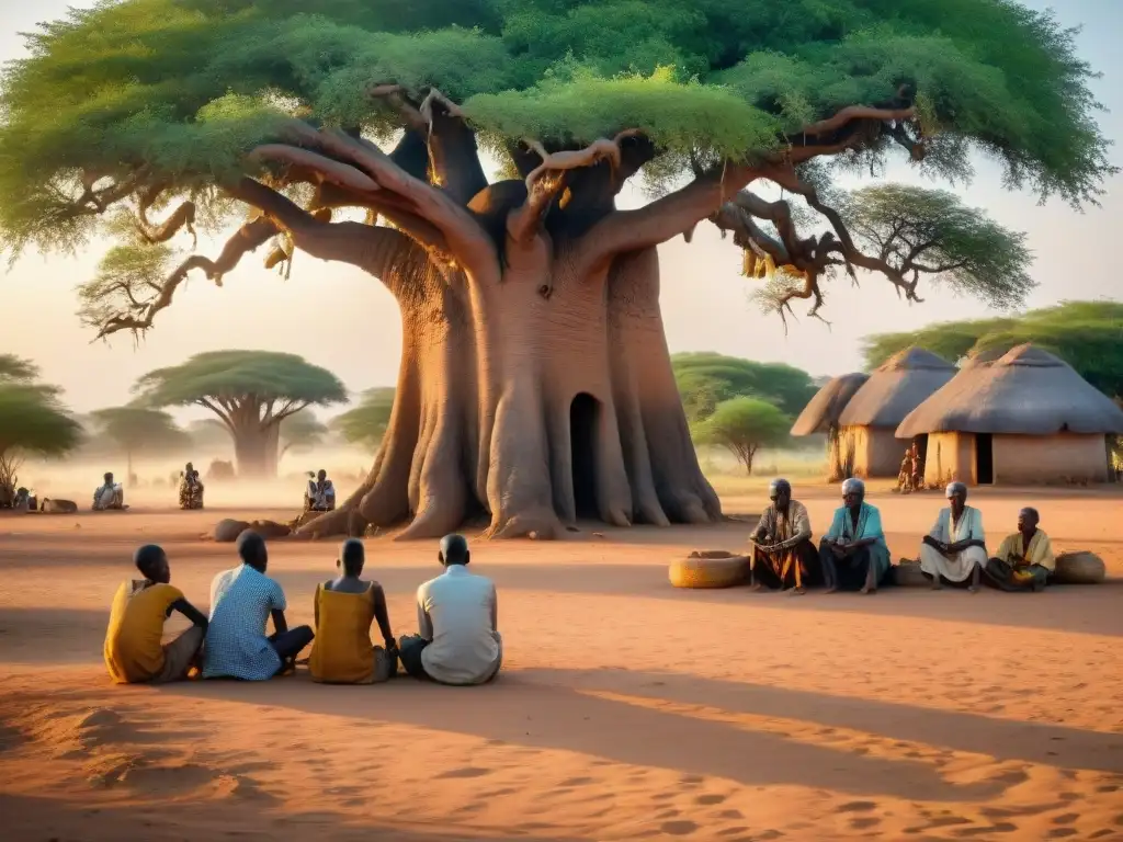 Un anciano africano comparte sabiduría bajo un baobab con jóvenes atentos al atardecer