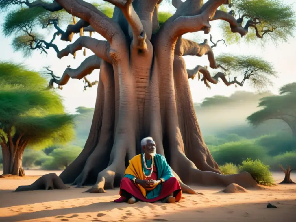 Un anciano africano bajo un baobab, enseñando numerología a discípulos