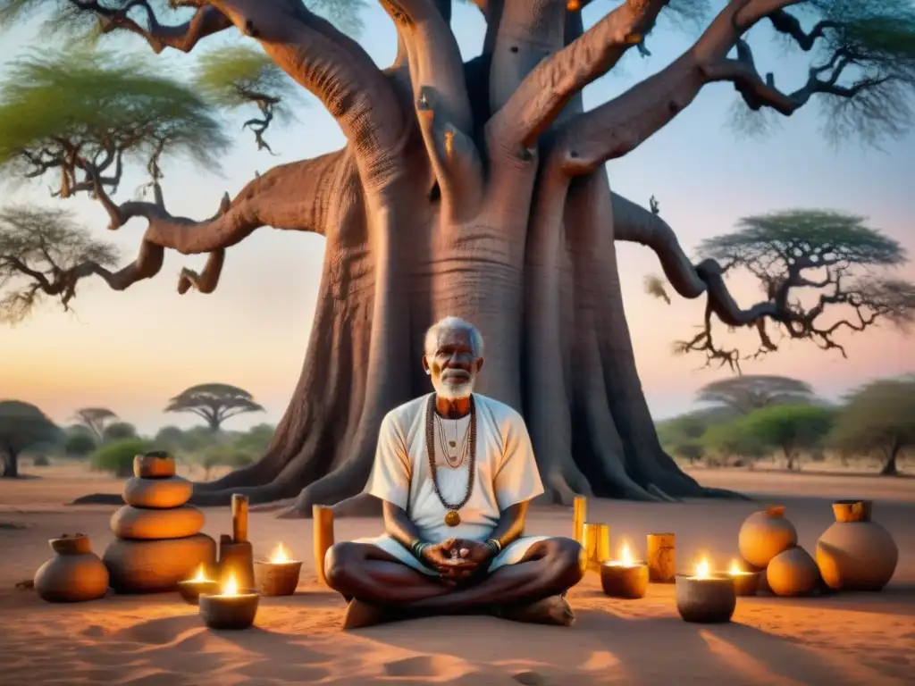 Un anciano africano medita bajo un baobab, rodeado de velas y artefactos espirituales