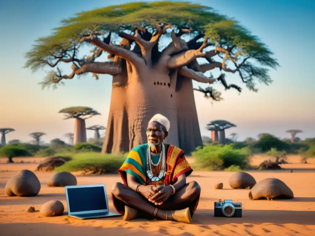 Un anciano africano bajo un baobab, fusionando sabiduría ancestral con tecnología moderna