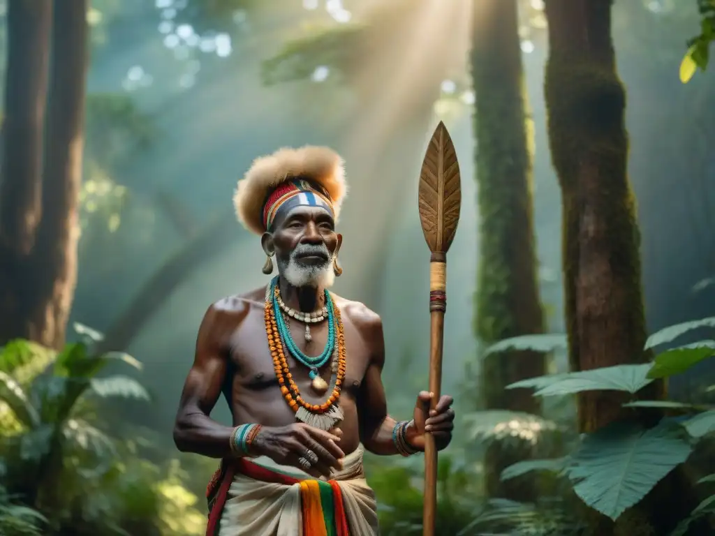 Anciano chamán africano en el bosque con medicina espiritual en África