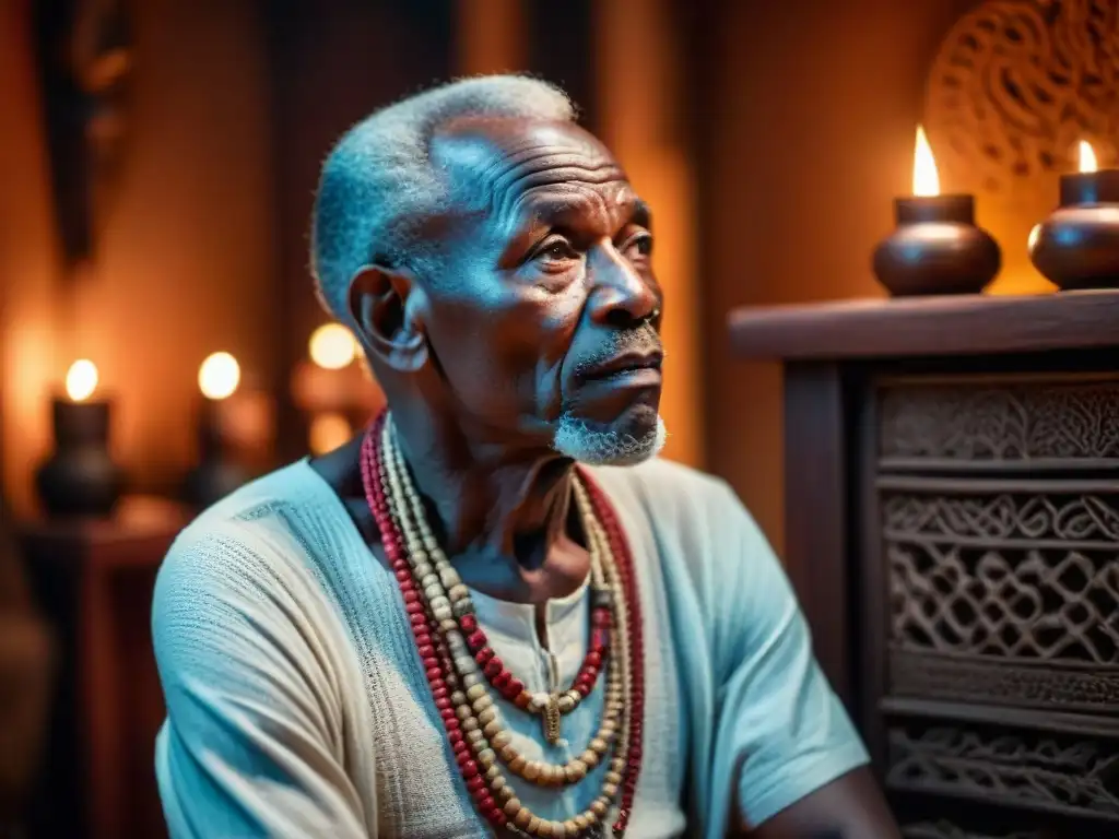 Sabiduría ancestral: retrato de un anciano africano con escarificaciones, rodeado de misterio y luz de velas Anciano africano con cicatrices faciales, vestido tradicional, en habitación iluminada por velas
