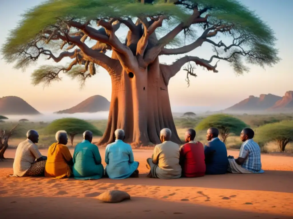 Anciano africano cuenta cuentos bajo Baobab: Importancia cuentos populares rituales africanos