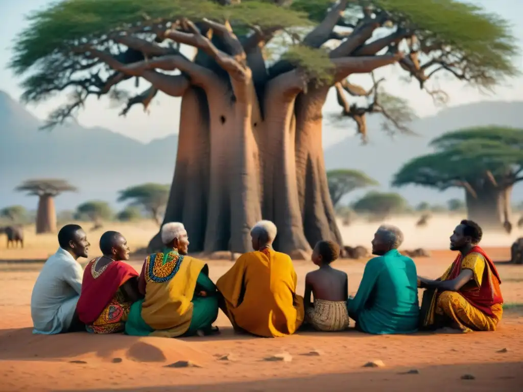 Un anciano africano narra cuentos y mitos, enseñando tradiciones bajo un baobab