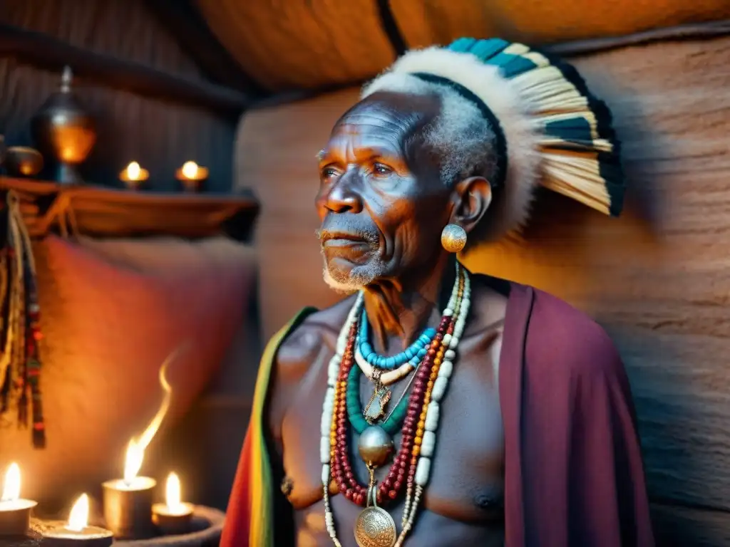 Un anciano chamán africano, envuelto en coloridas túnicas y joyas, irradia sabiduría en una choza iluminada por velas